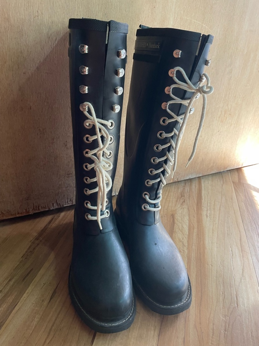 Ilse Jacobsen Tall Lace-Up Rain Rubber Boots in Black with Laces size 9